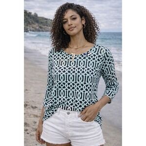 Lulu B Geometric Print 3/4 Sleeve Tunic Top Women's Medium Aqua Navy.    I